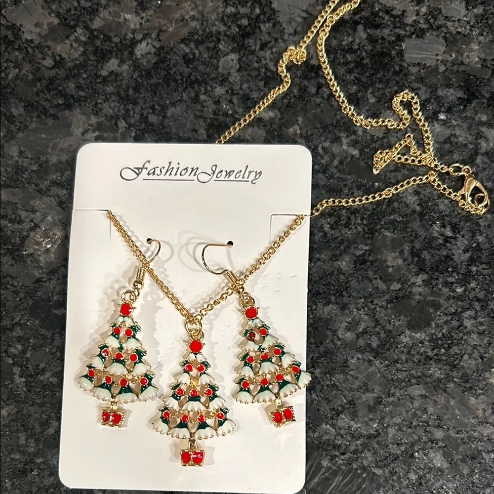 Gold Tree Pendant Necklace with Red and Green Stones